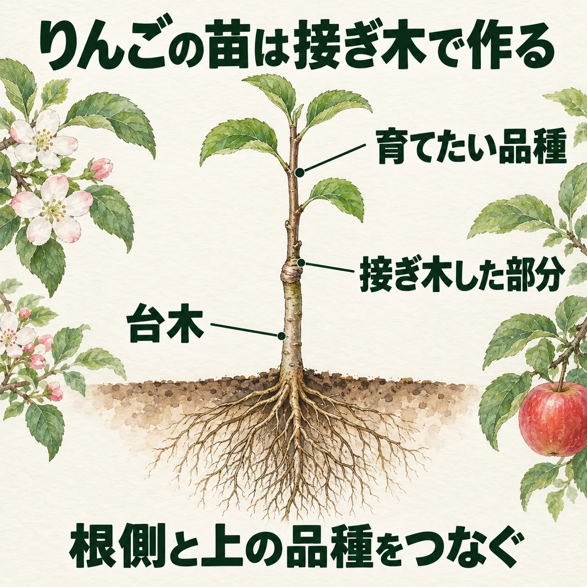 接ぎ木した苗の根側の台木と、上側の育てたい品種の枝を区別する