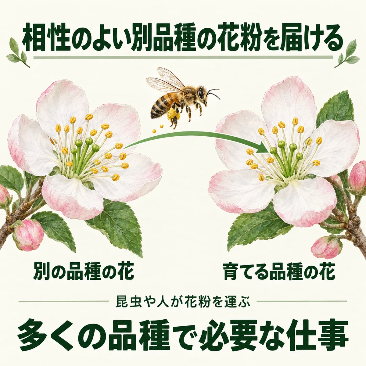 相性のよい別品種の花から育てる品種の花へ昆虫や人が花粉を届ける