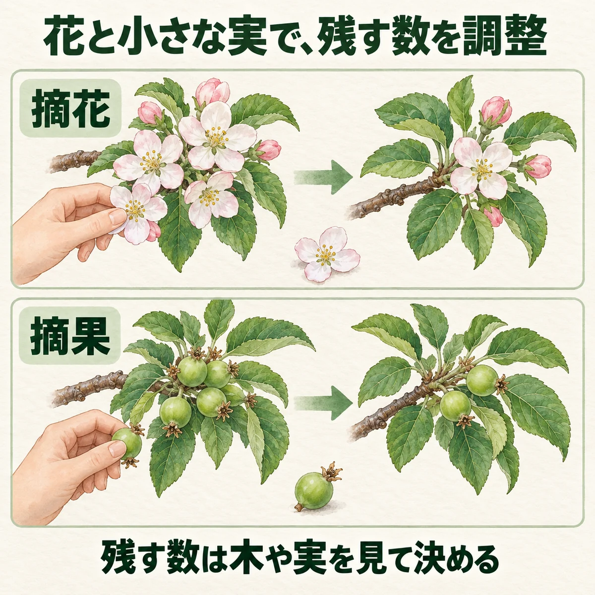 花を摘み取る摘花と、小さな緑色の実を摘み取る摘果を別の段に示す