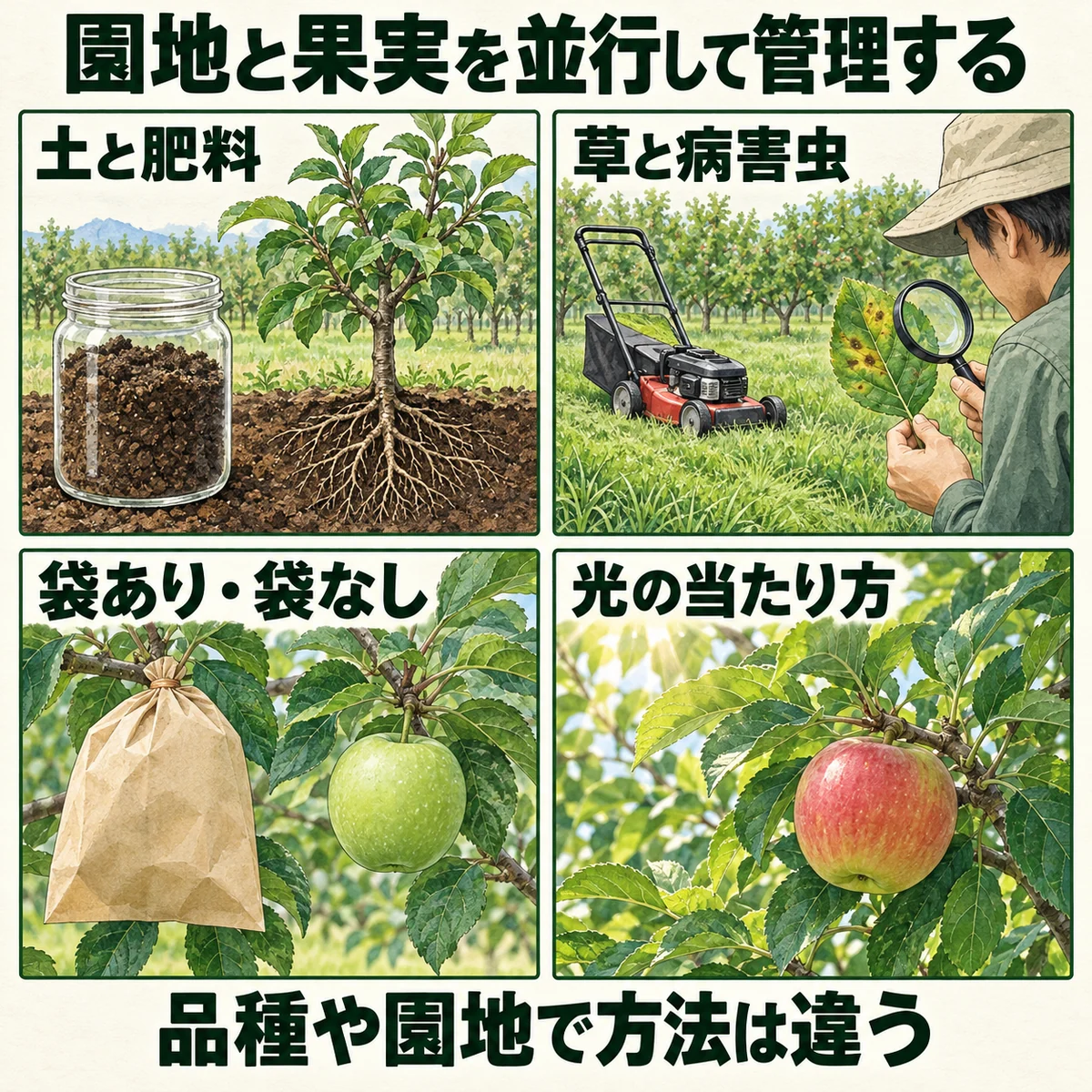 土と肥料、草と病害虫、袋ありと袋なし、光の当たり方の四つの管理