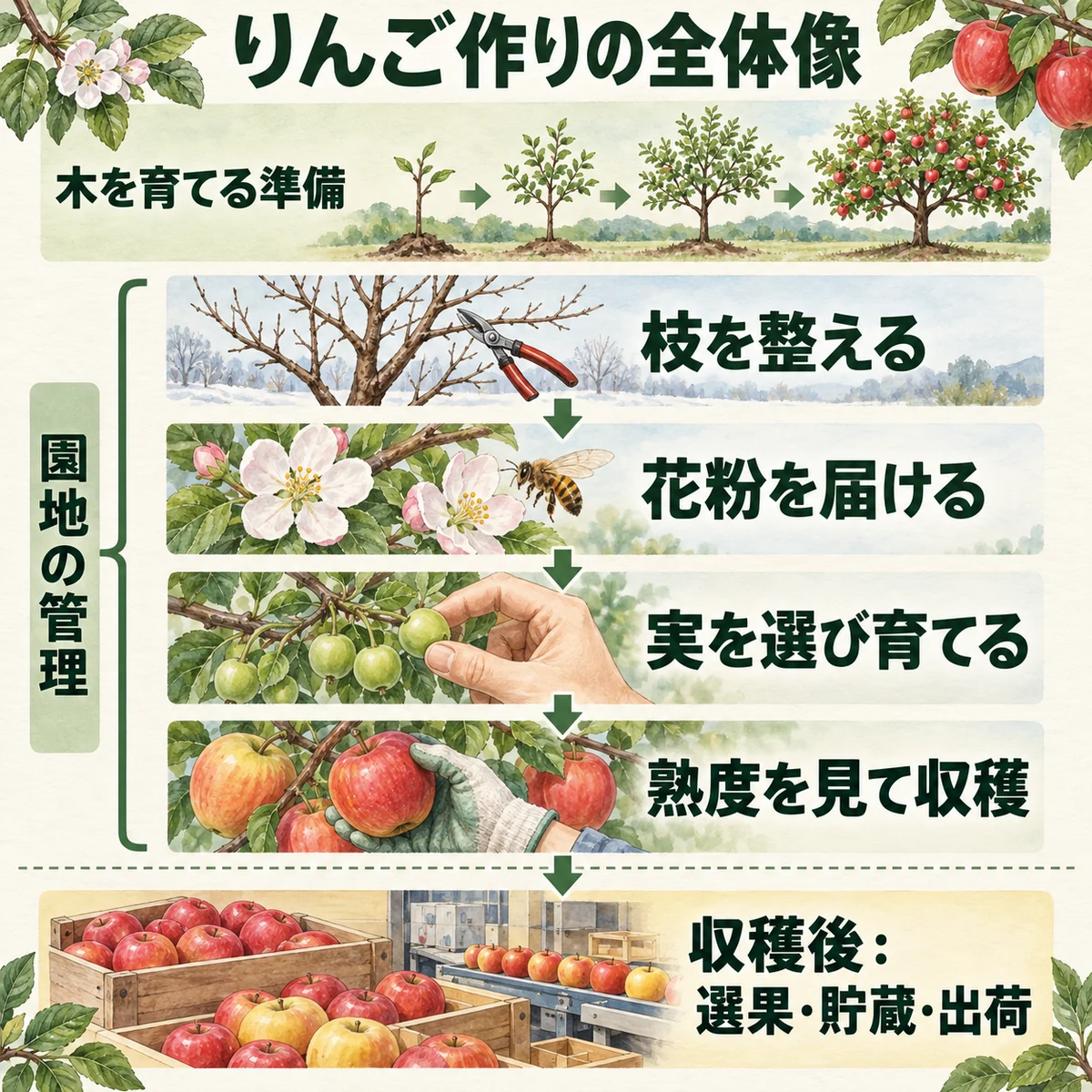 木を育てる準備から枝、花粉、実の調整、熟度と収穫、収穫後の選果と出荷まで