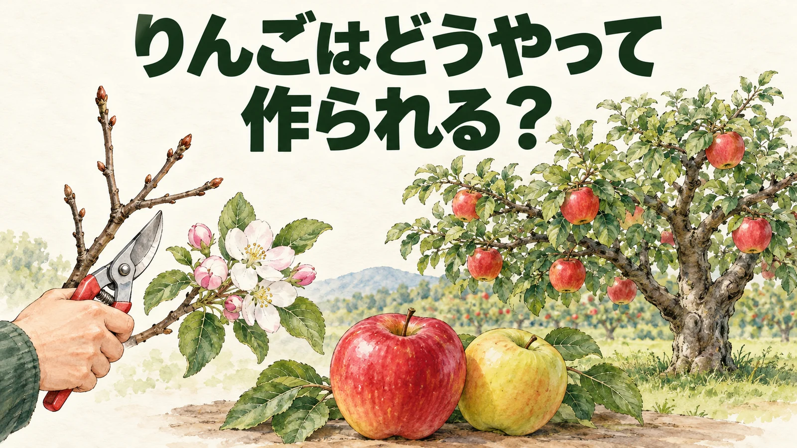 りんごの木、花、剪定用のはさみ、赤色と黄色の果実から作り方を問いかける