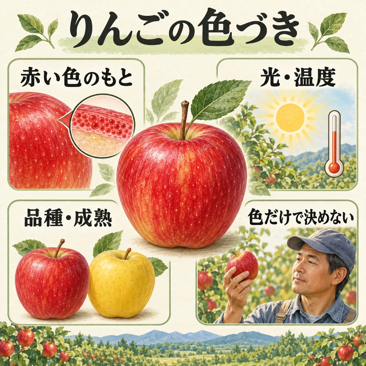 赤色色素、光と温度、品種と成熟、色だけで判断しないという全体像