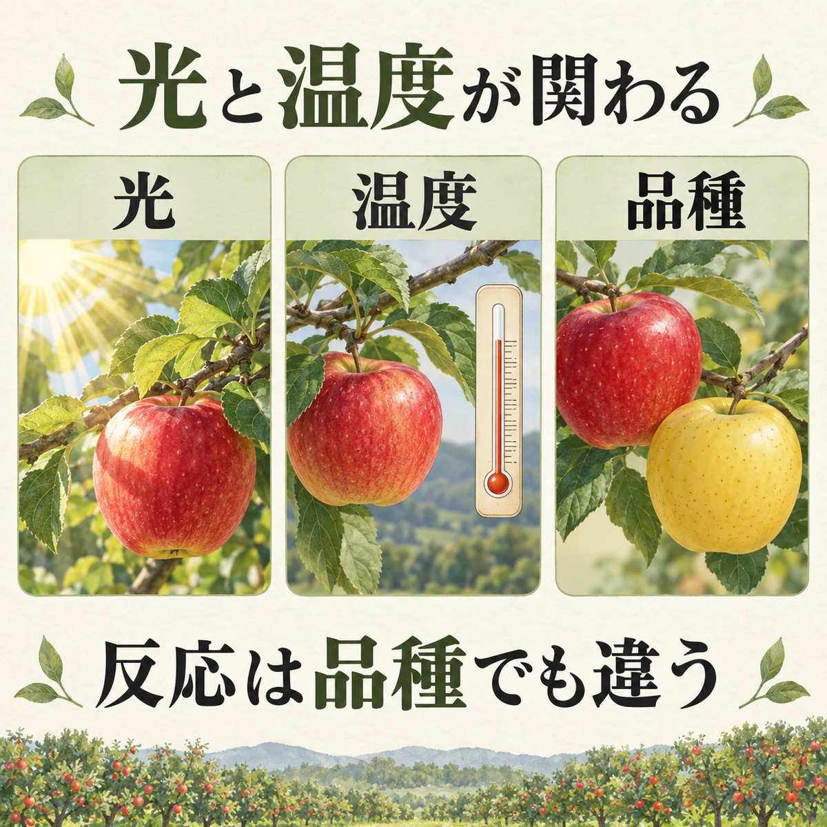 光、温度、品種がりんごの色づきに関わることを示す三つのパネル