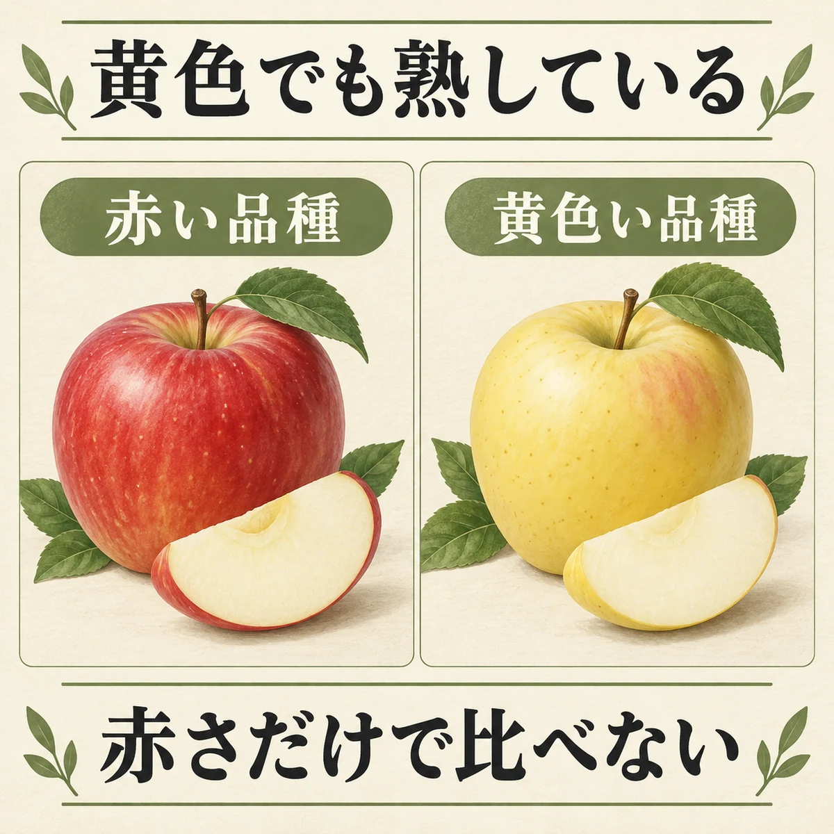 赤い品種と黄色で熟す品種を並べ、赤さだけで比べないことを示す図