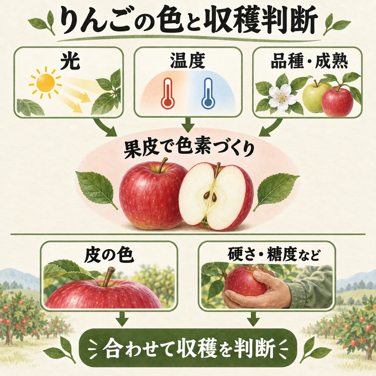 光、温度、品種と成熟から果皮の色素づくりへつなぎ、色と内部指標で収穫を判断する全体図