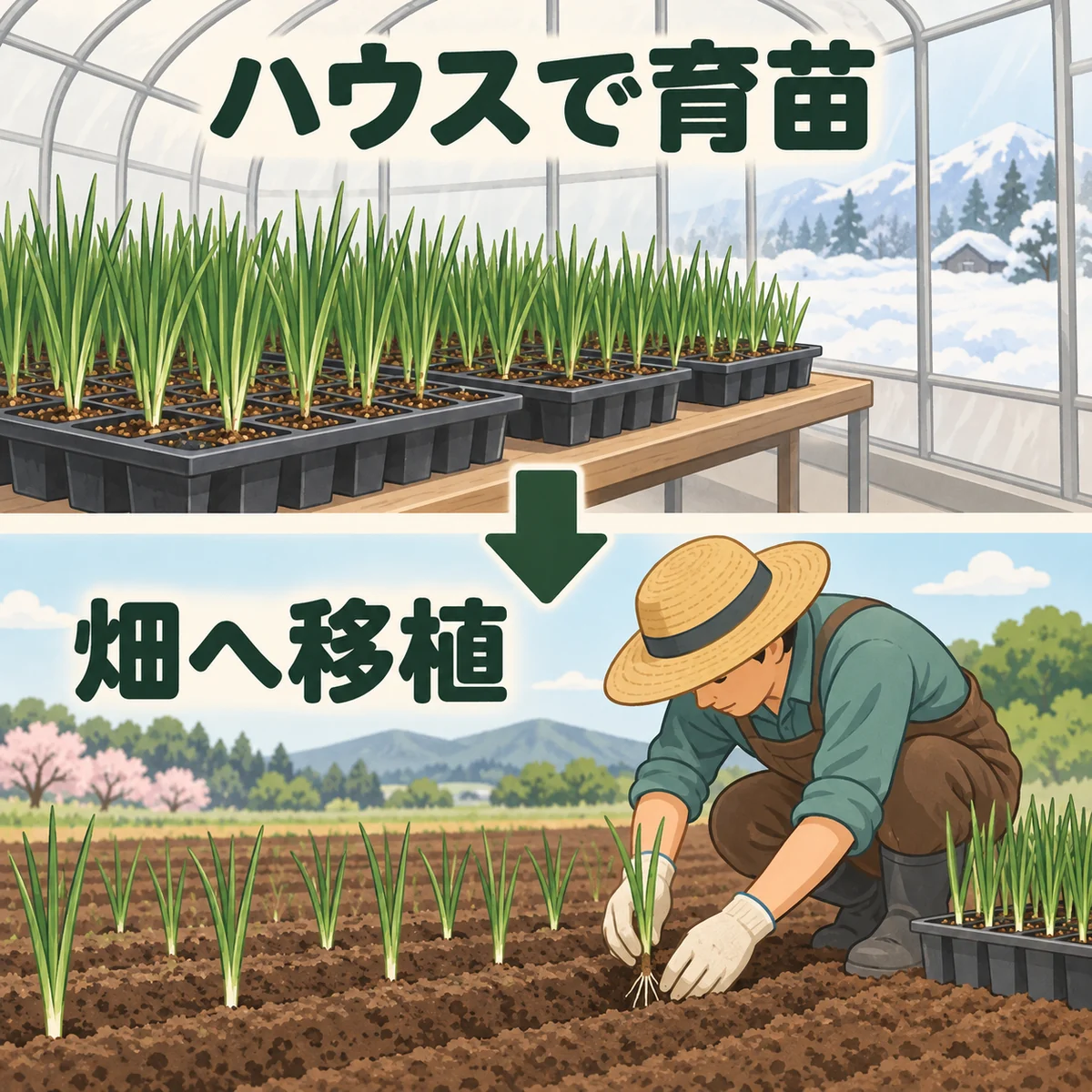 外に雪があるハウスの中で苗を育て、雪のない畑へ移植する二場面の図