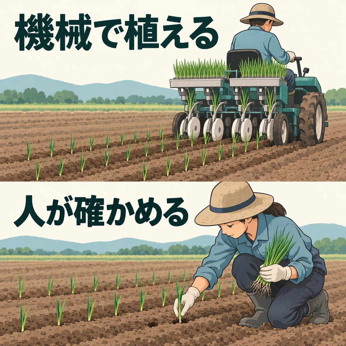人が運転する機械で苗を植える場面と、抜けた場所へ人が苗を補う場面を並べた図
