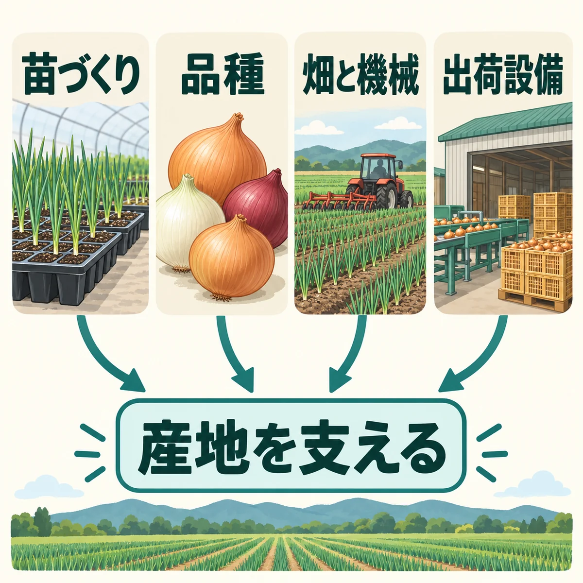 苗づくり、品種、畑と機械、出荷設備の四要素が産地を支えるというまとめ図