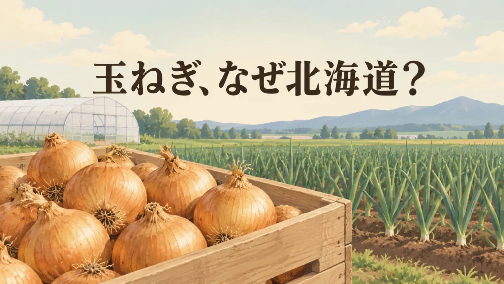 収穫した玉ねぎを入れた箱、育苗ハウスと畑を背景に北海道産が多い理由を問う編集画