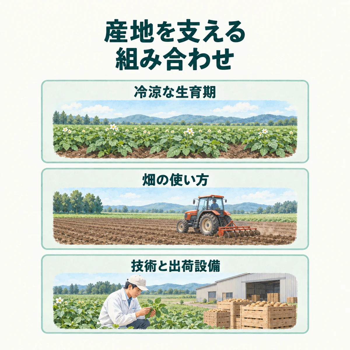 冷涼な生育期、畑の使い方、技術と出荷設備という産地を支える要因の図