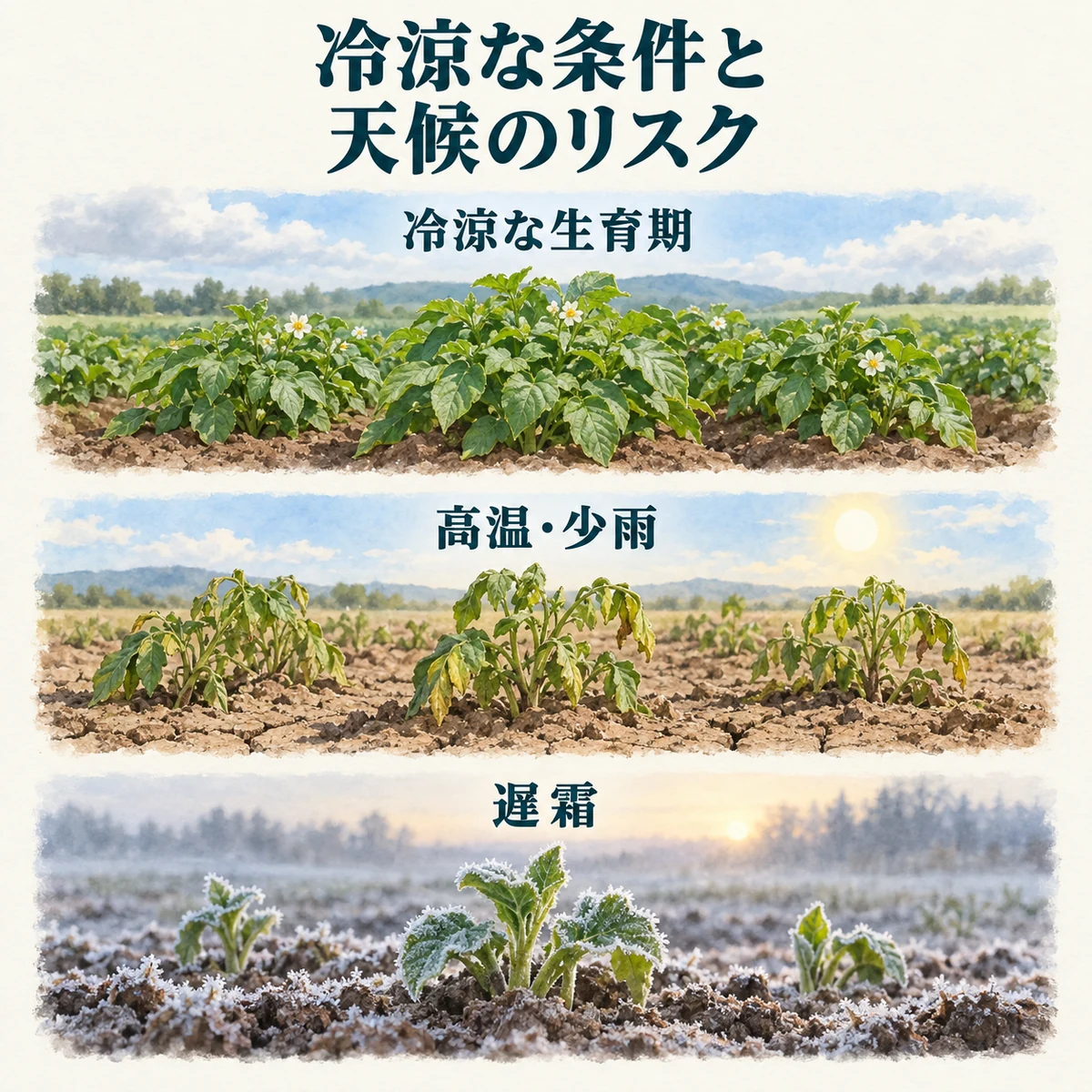 冷涼な生育期の適性と、高温・少雨や遅霜への注意を分けた図