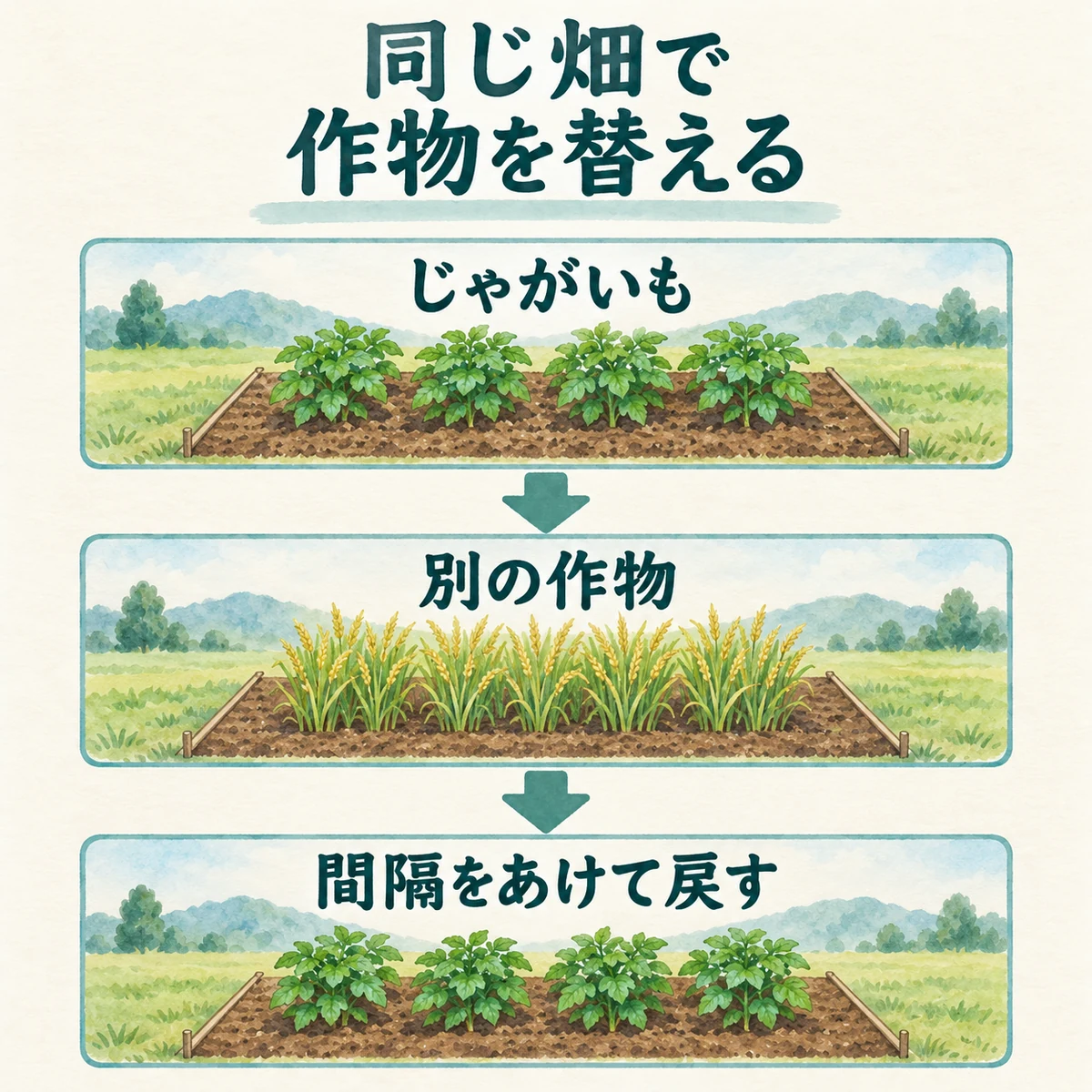 同じ畑でじゃがいもから別の作物へ替え、間隔をあけて戻す輪作の概念図