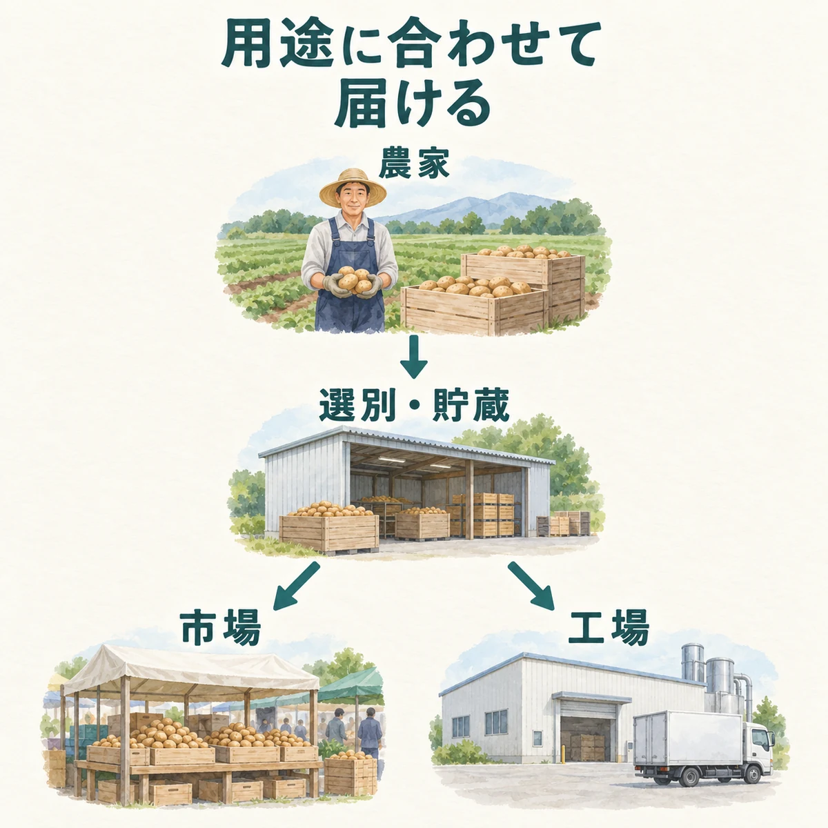 農家から選別・貯蔵へ渡り、市場と工場へ分かれる出荷経路の概念図