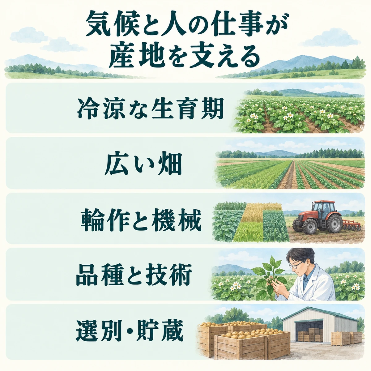冷涼な生育期、広い畑、輪作と機械、品種と技術、選別・貯蔵をまとめた図
