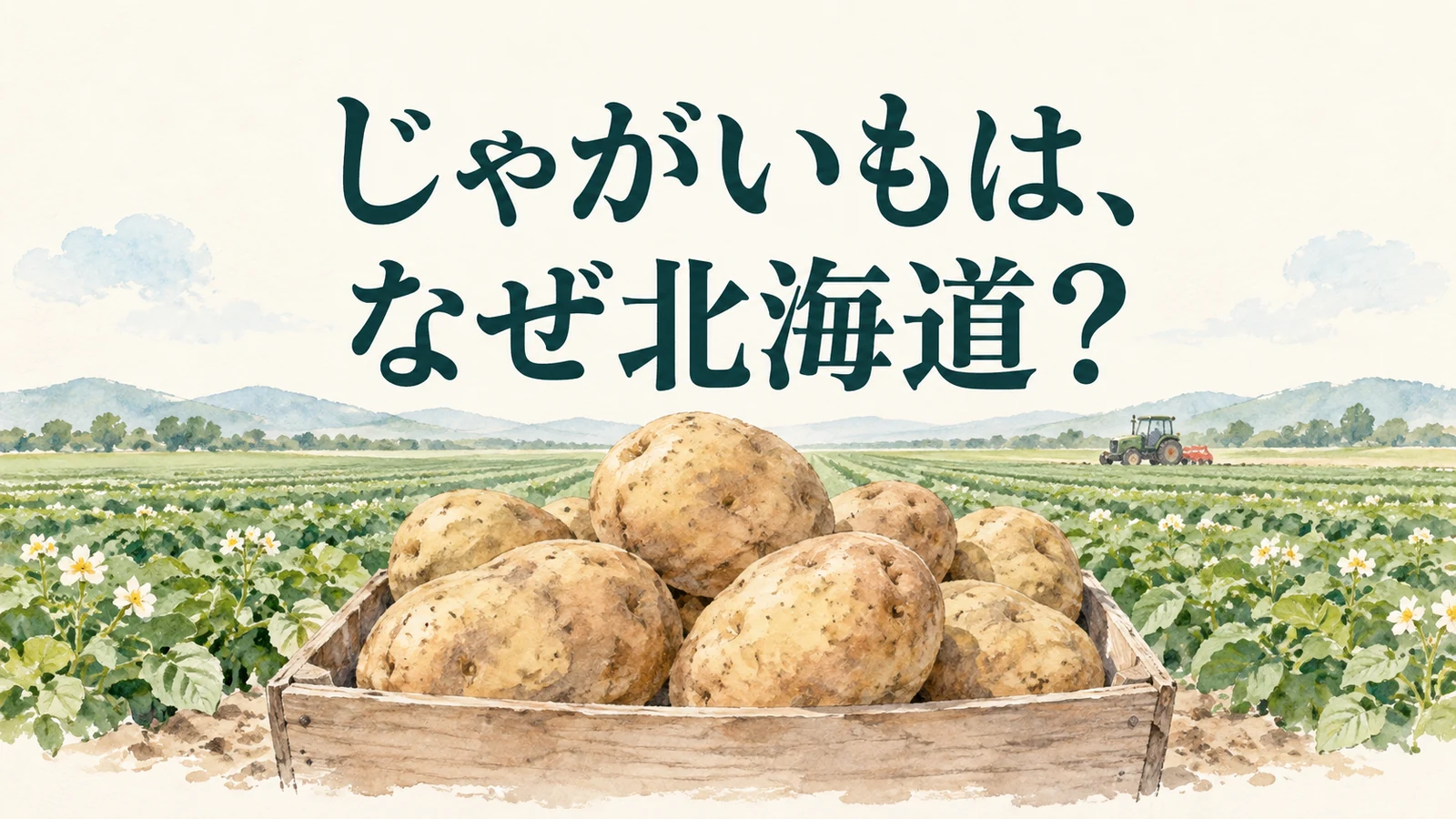 じゃがいもと広い畑を背景に、北海道で生産が多い理由を問うイメージ