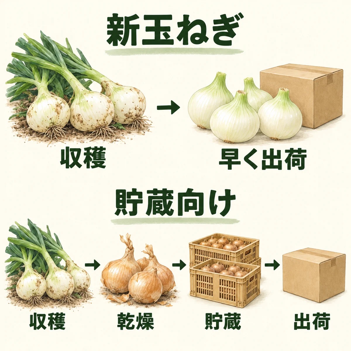 新玉ねぎの収穫から早い出荷への流れと、貯蔵向け玉ねぎの収穫・乾燥・貯蔵・出荷を二段で比較した図
