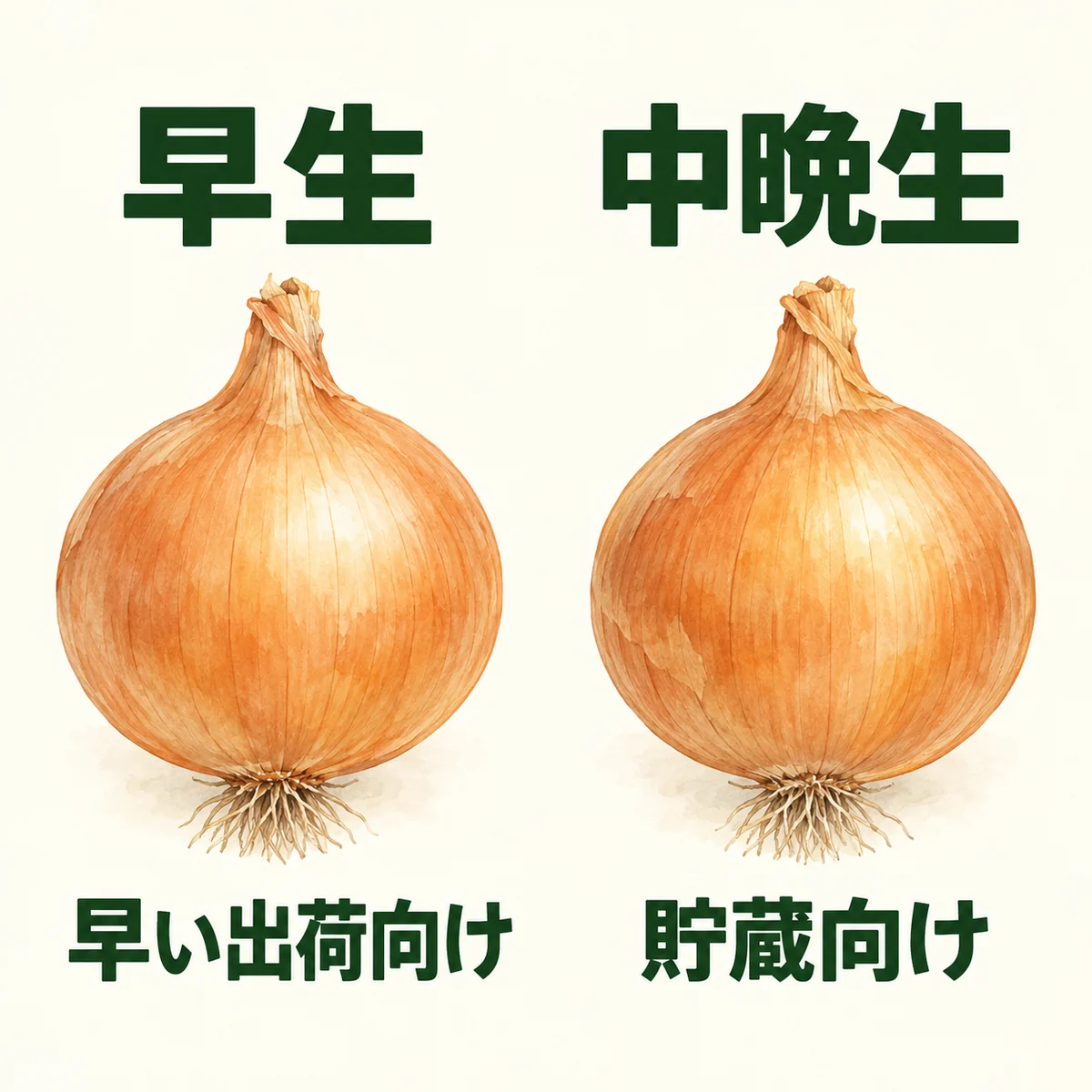 早生を早い出荷向け、中晩生を貯蔵向けとして、同じ色の玉ねぎの模式的な絵で比較した図