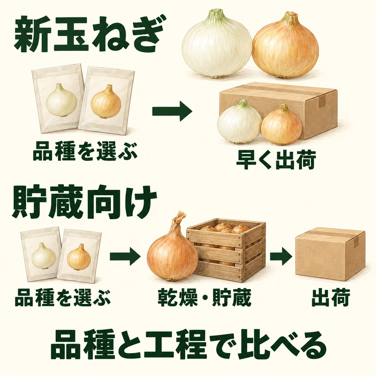 品種を選んで早く出荷する新玉ねぎと、品種を選び乾燥・貯蔵を経て出荷する玉ねぎをまとめた図