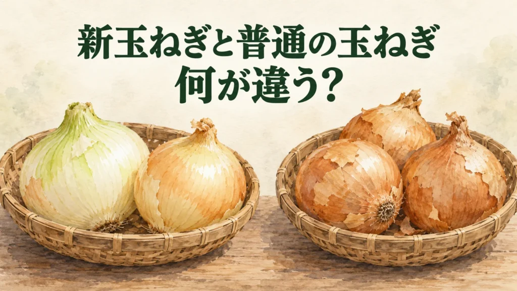白いものと黄色いものを含む新玉ねぎのイメージと、外皮が乾いた玉ねぎを並べ、違いを問う編集画