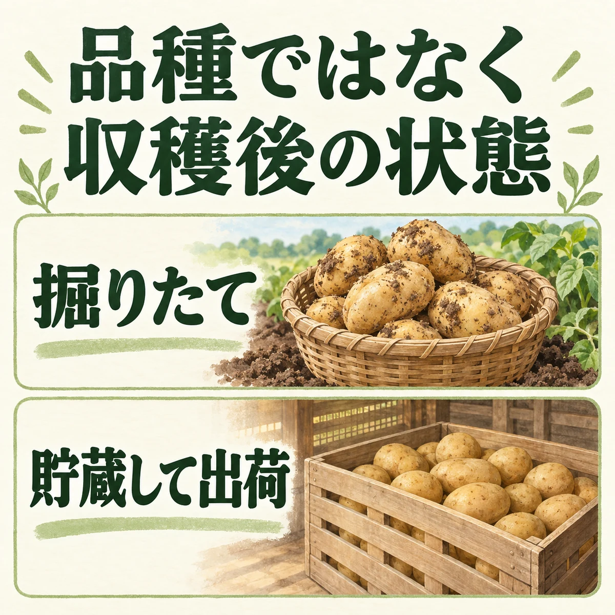 新じゃがは品種名ではなく収穫後の状態を示す呼び方で、掘りたてと貯蔵して出荷する状態を分けた図