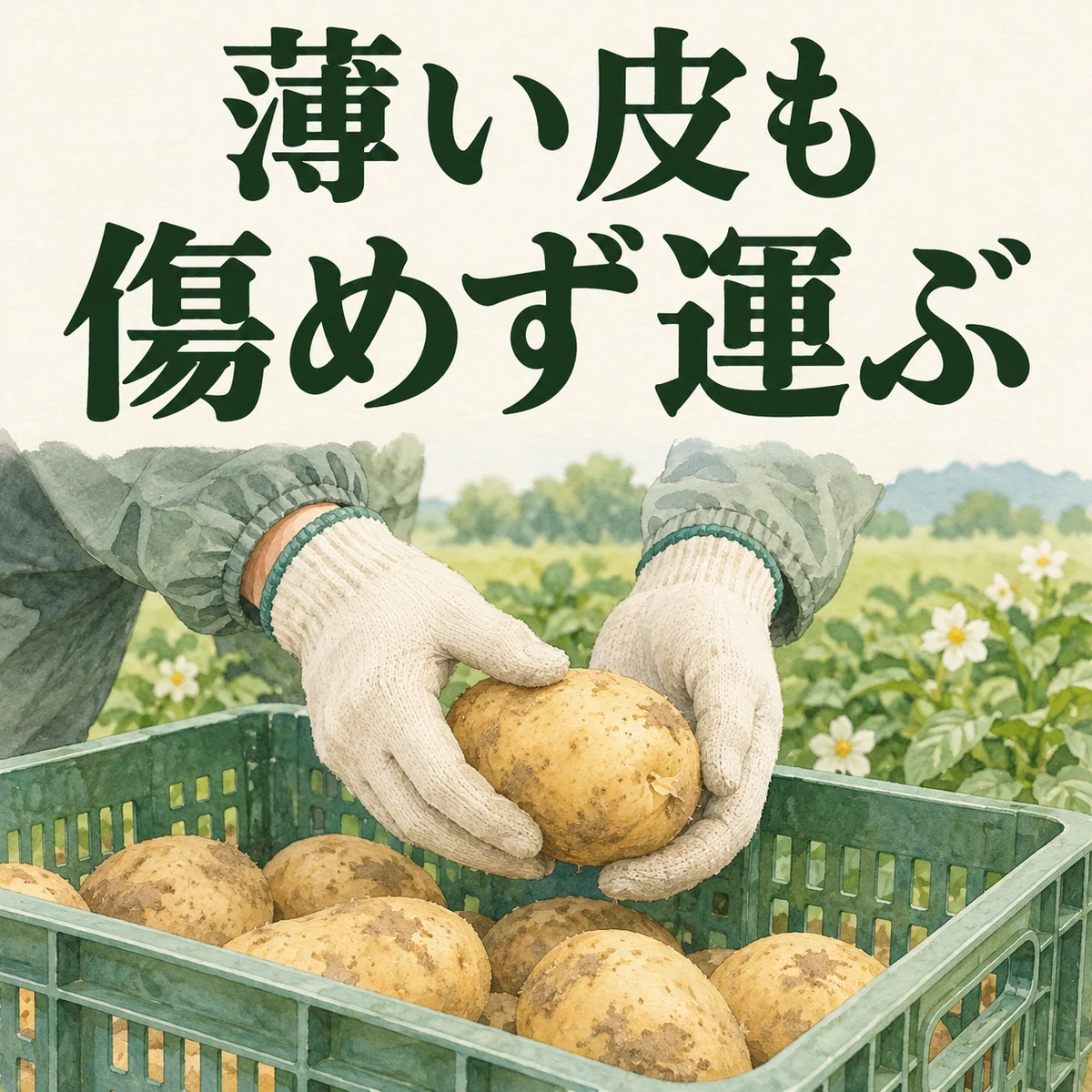 作業者が薄い皮のじゃがいもを傷めないよう箱へ入れる図