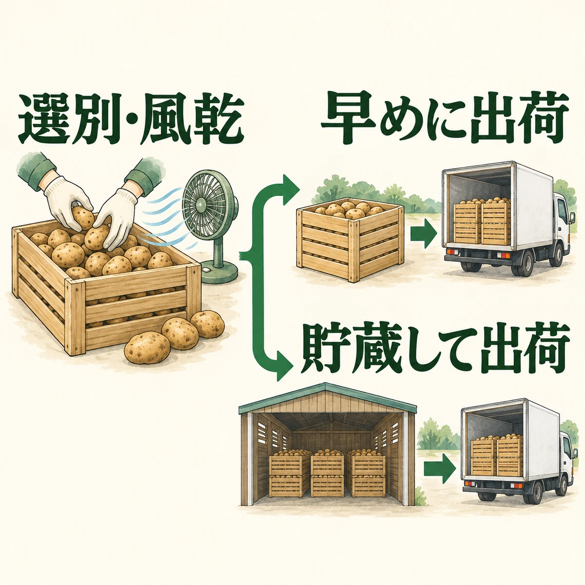 選別と風乾を経て、早めに出荷する経路と貯蔵して出荷する経路へ分かれる図