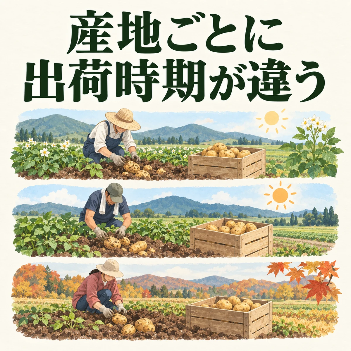 季節の異なる畑の例を並べ、産地で新じゃがの出荷時期が異なることを示す図