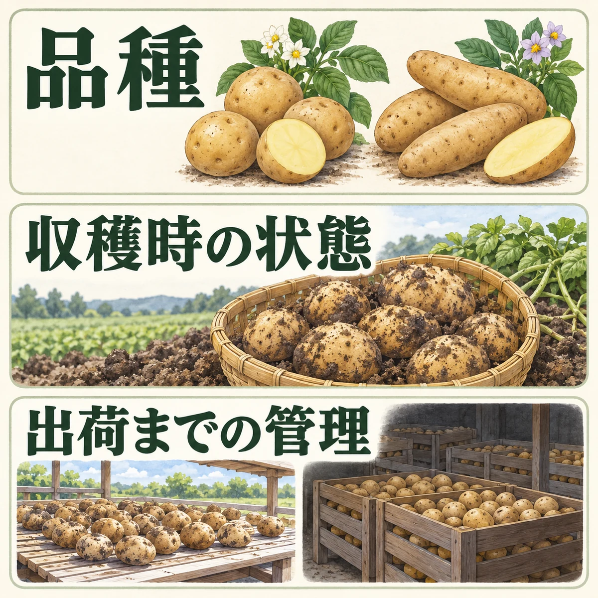 品種、収穫時の状態、出荷までの管理という三つの視点でじゃがいもの違いを読む図