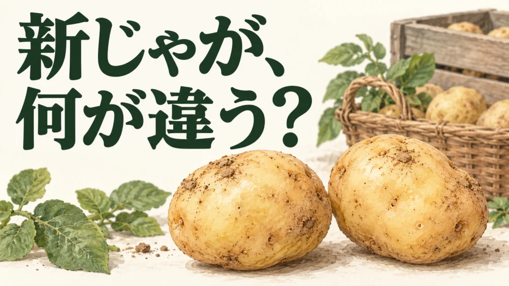 掘りたてのじゃがいもと収穫・貯蔵の背景で、新じゃがの違いを問うイメージ