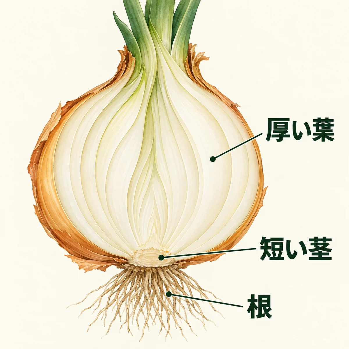 玉ねぎの縦断面で白い葉の層、底の短い茎、その下の根を案内線で区別した図