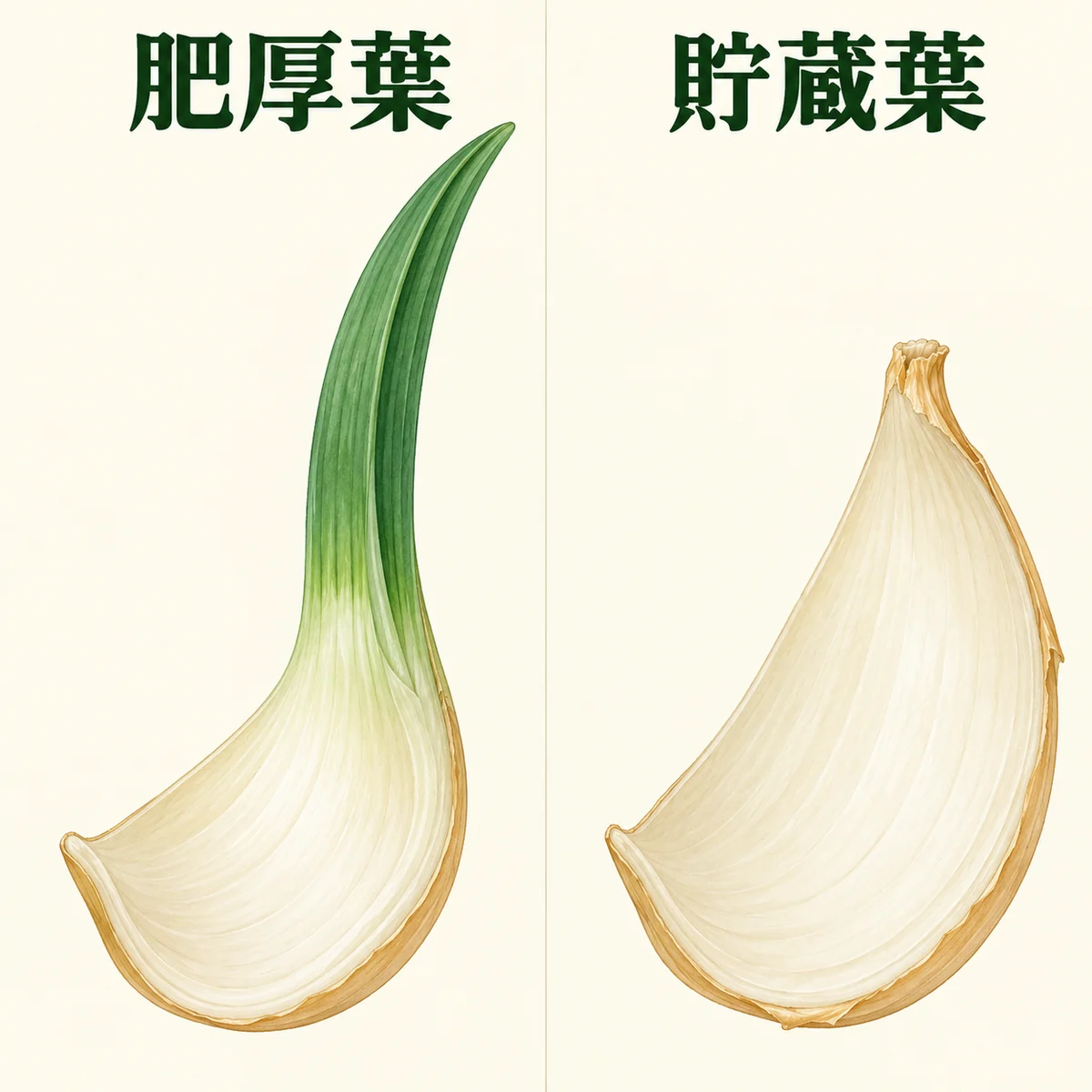 緑の葉身につながる厚い基部を持つ肥厚葉と、葉身を持たない貯蔵葉を独立した二欄で比較した図