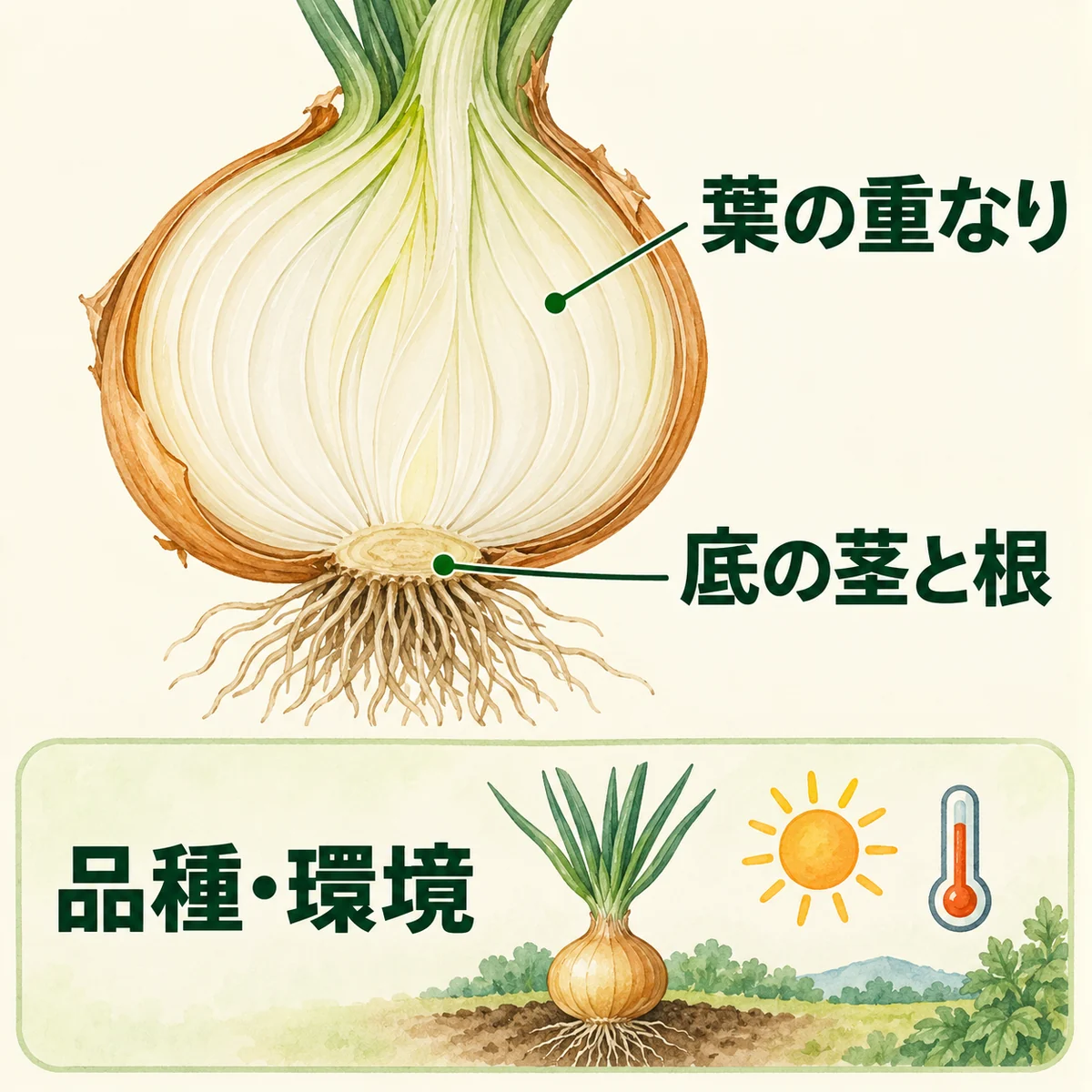 上欄で玉ねぎの葉の重なりと底の茎・根を示し、下欄で品種・環境を別の条件としてまとめた図