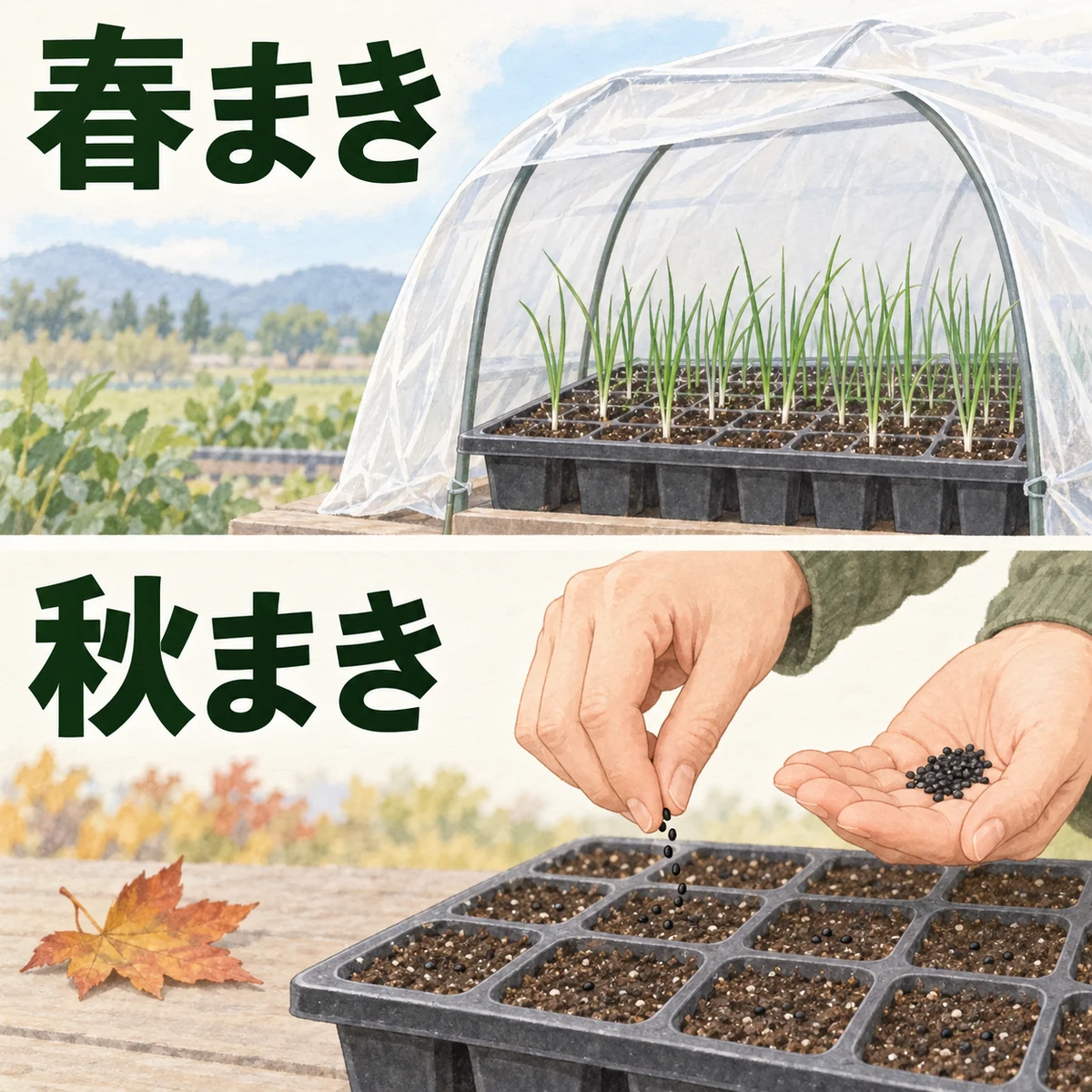 春まきの保護された育苗と、秋まきの種まきを別の欄に示した玉ねぎの作型図