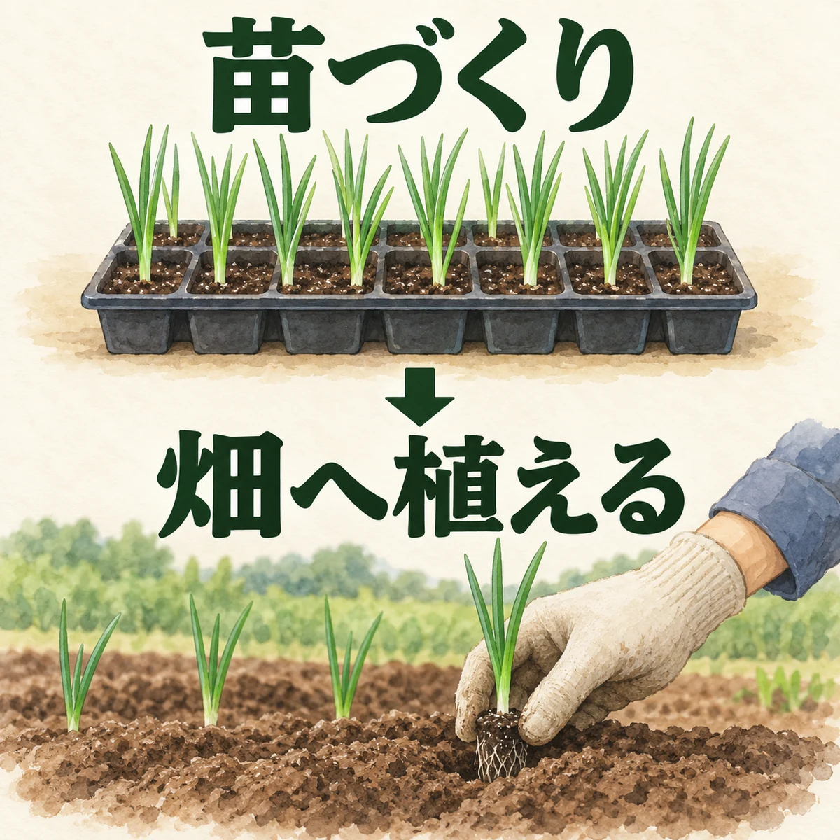 苗トレイで育てた小さな玉ねぎ苗を、根の周りの土ごと畑へ移す概念図
