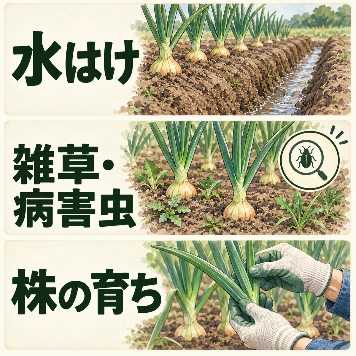 玉ねぎ畑の水はけ、雑草や病害虫、株の育ちを三つの独立した観察対象として並べた図