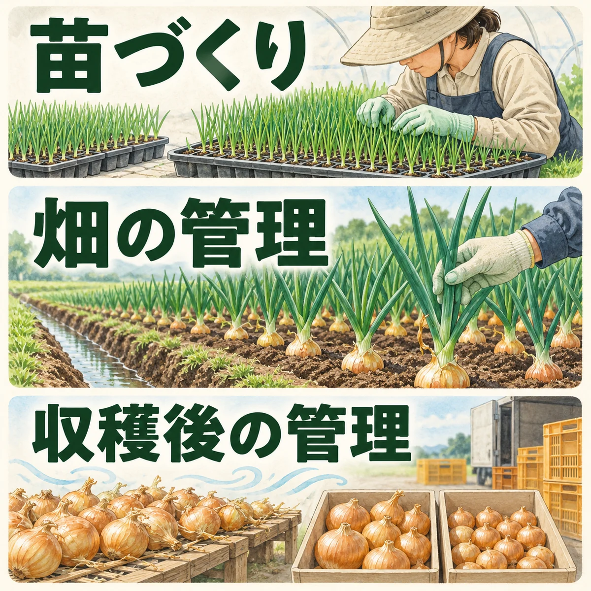 苗づくり、畑での管理、収穫後の乾燥・サイズ選別と出荷準備をまとめた概念図