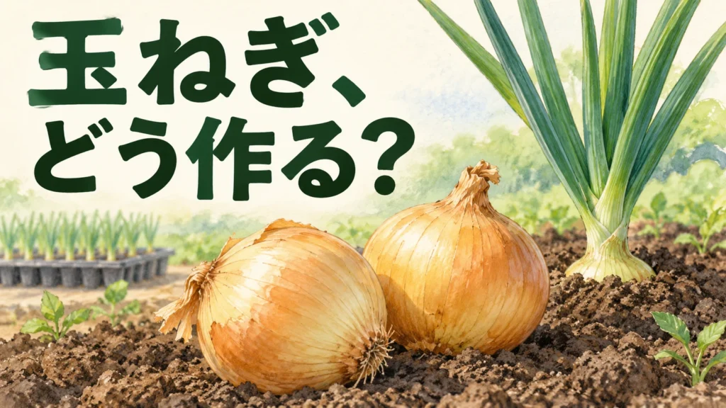 苗トレイと畑の玉ねぎ、収穫した球を背景に、玉ねぎの作られ方を問う編集イメージ