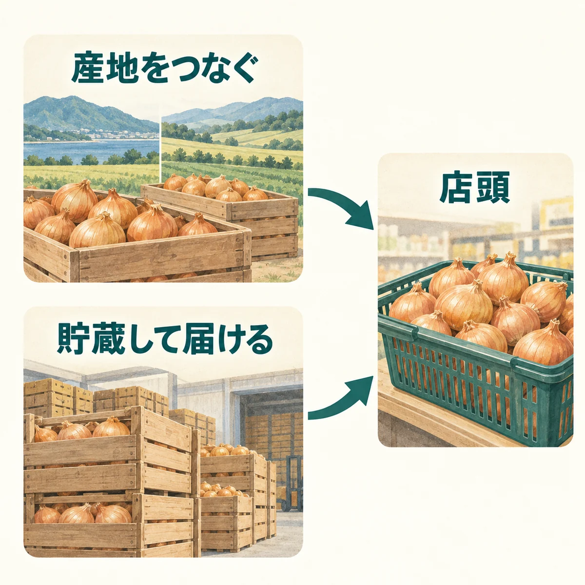 産地をつなぐ役割と貯蔵して届ける役割を、店頭へ向かう二つの経路で示した図