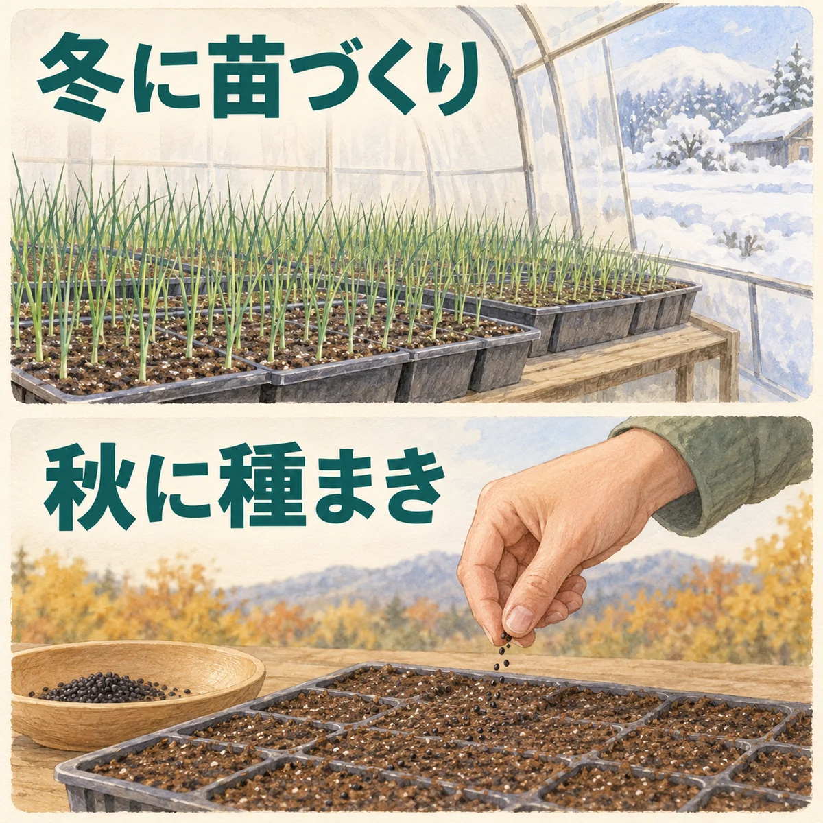 冬のハウス内で苗を育てる例と、秋に種をまく例を別々に示した図