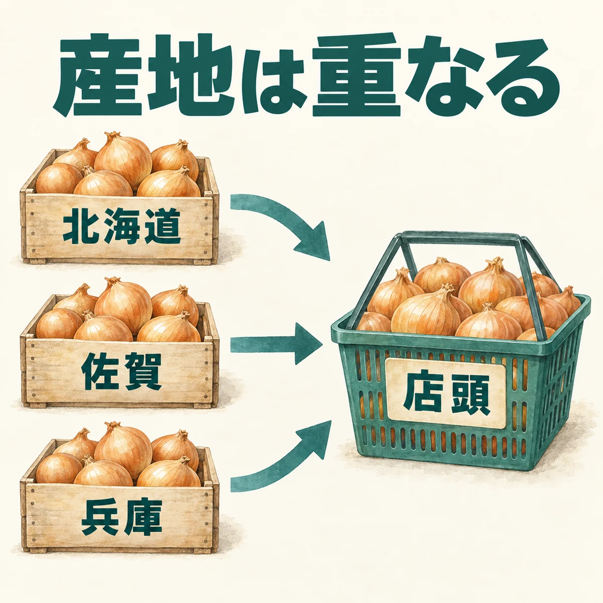 北海道、佐賀、兵庫からの三本の経路が同じ店頭へ届くことを示した図