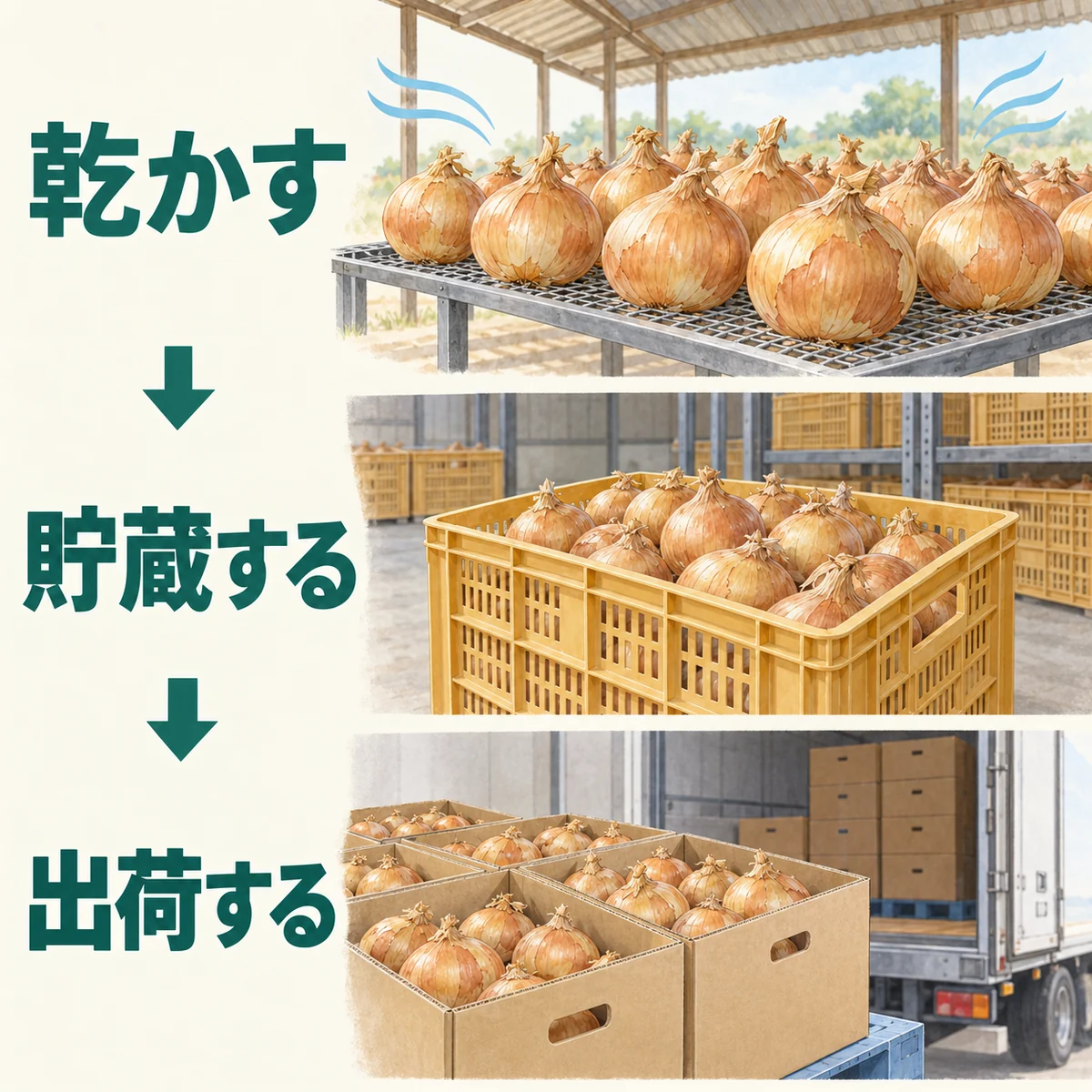 収穫後の玉ねぎを乾かし、貯蔵し、箱で出荷する流れを縦に示した図