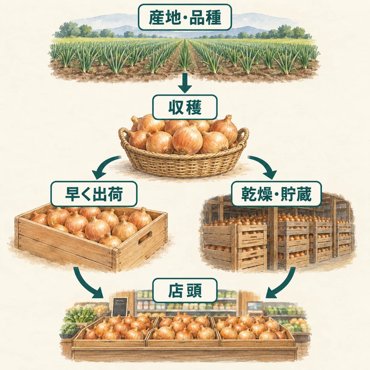 産地と品種を選び収穫した後、早い出荷と乾燥・貯蔵の経路が店頭へつながるまとめ図