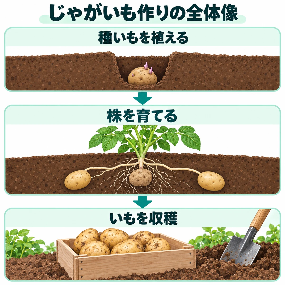 種いもを植える、株を育てる、いもを収穫する順に並ぶ図