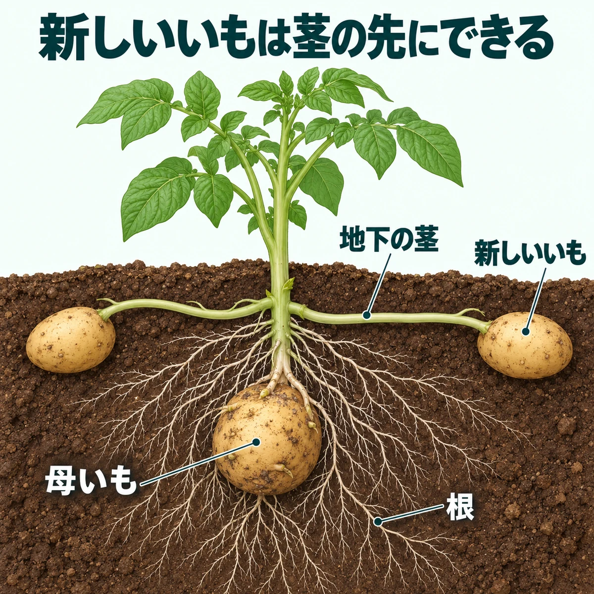 母いも、細い根、横へ伸びる地下の茎とその先の新しいいもを分ける断面図