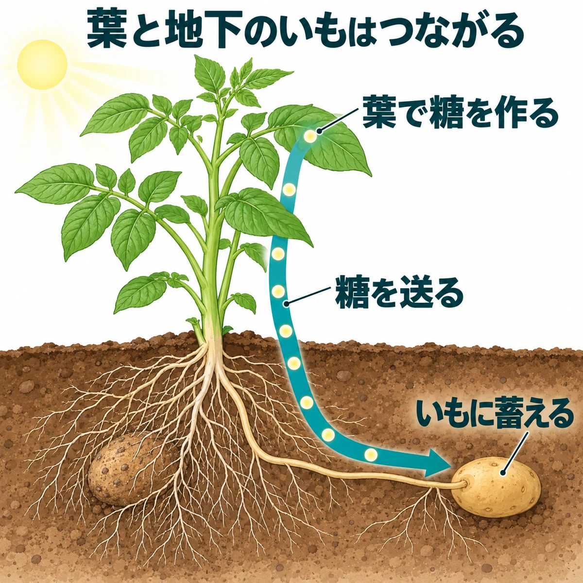 葉で作った糖が、新しいいもへ送られる流れを示す図