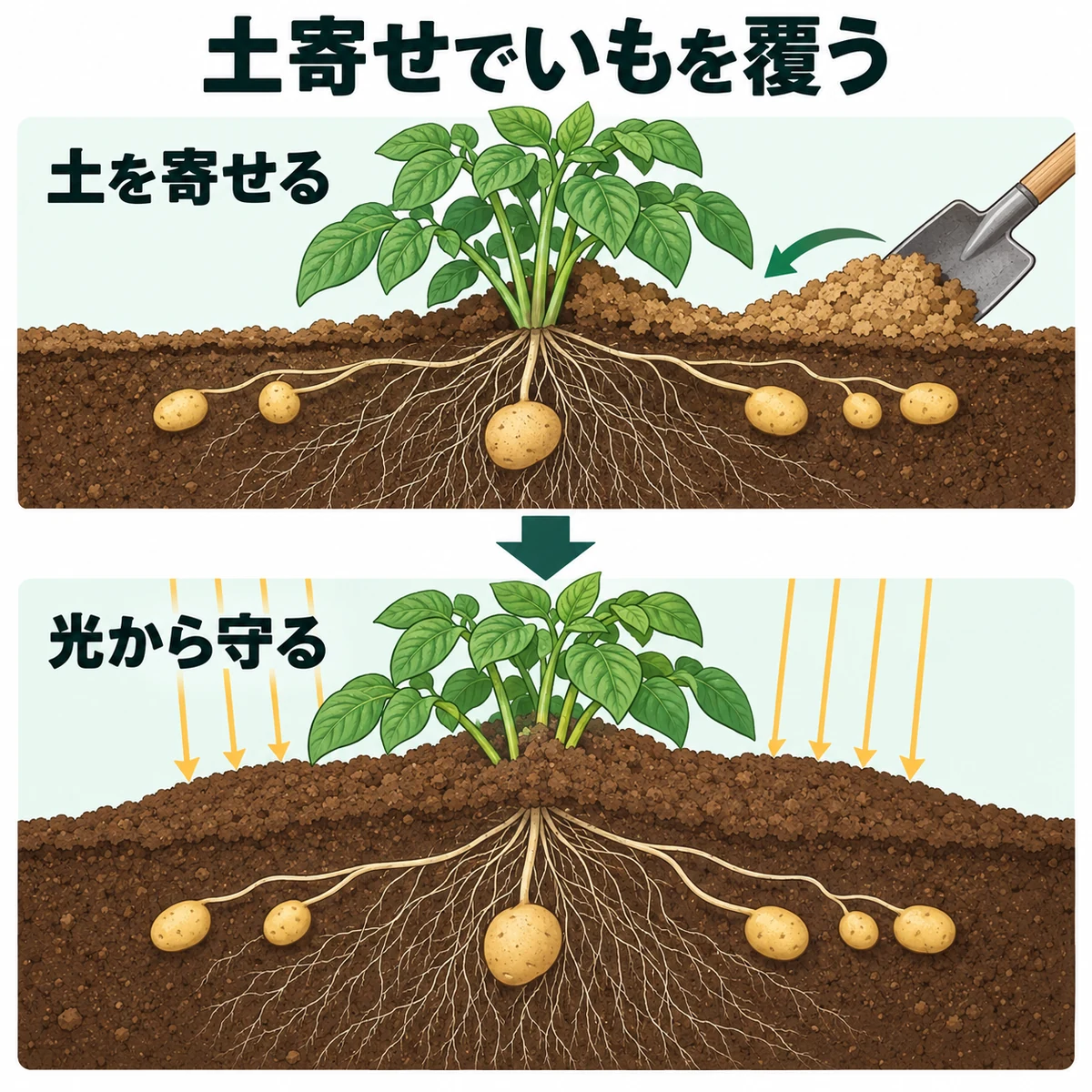 土を株元へ盛り、新しいいもを覆って光から守る前後図