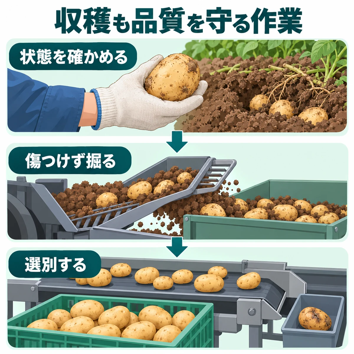 試し掘りでの状態確認、傷を抑える掘り取り、選別を示す図