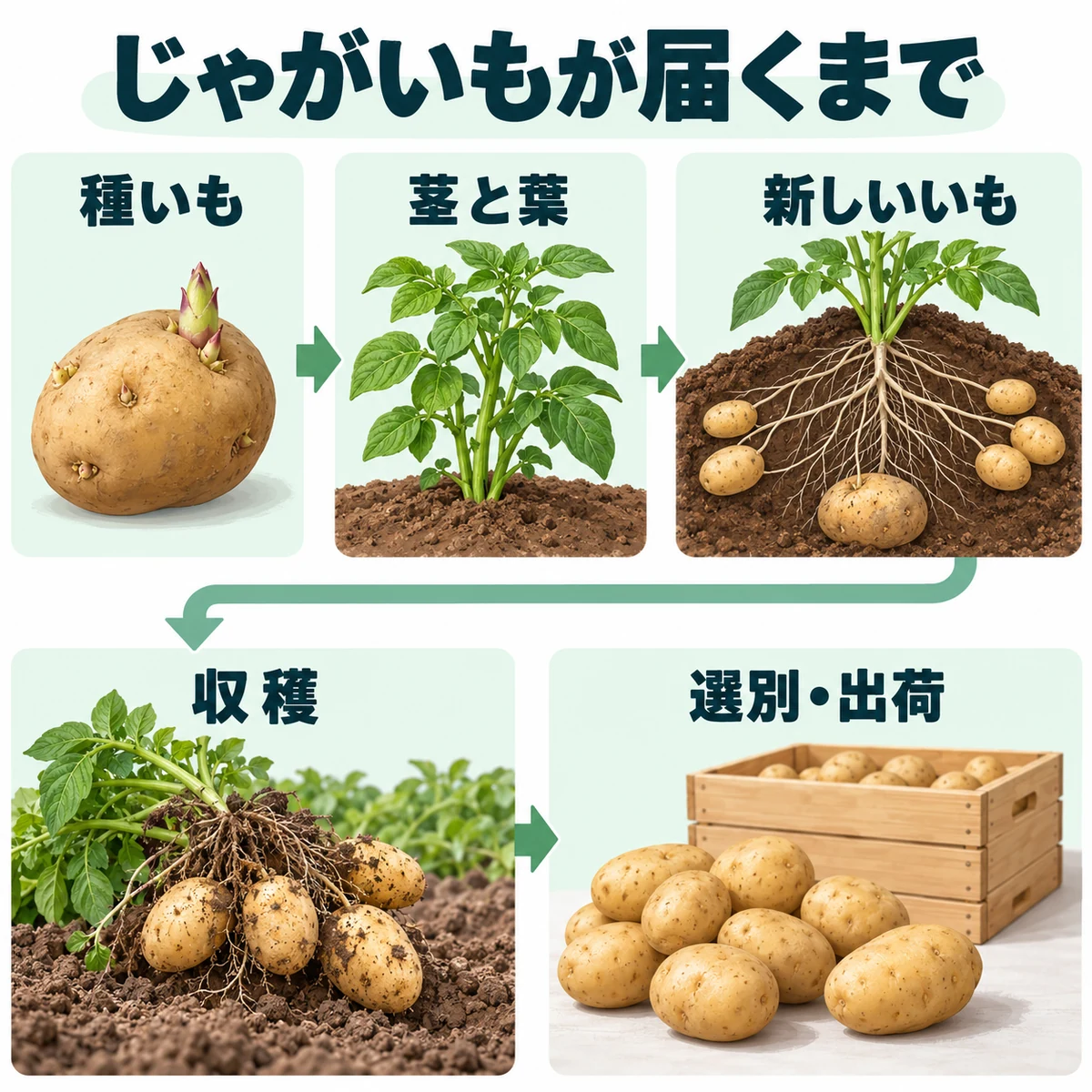 種いも、茎と葉、新しいいも、収穫、選別・出荷を順に結ぶ全体図