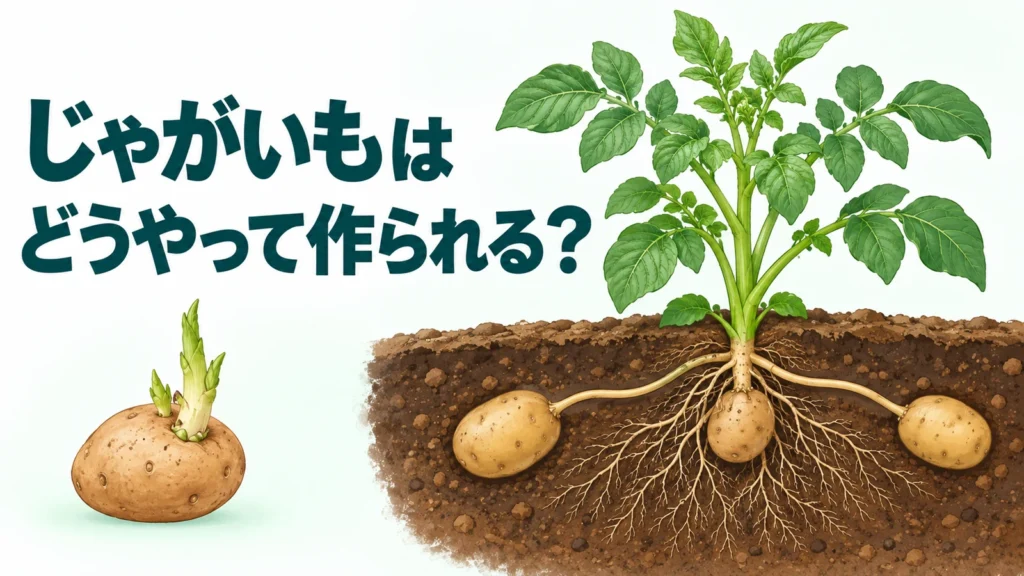 種いもの芽と、地上の葉・地下の新しいいもを描く疑問型編集画